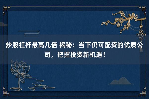 炒股杠杆最高几倍 揭秘：当下仍可配资的优质公司，把握投资新机遇！